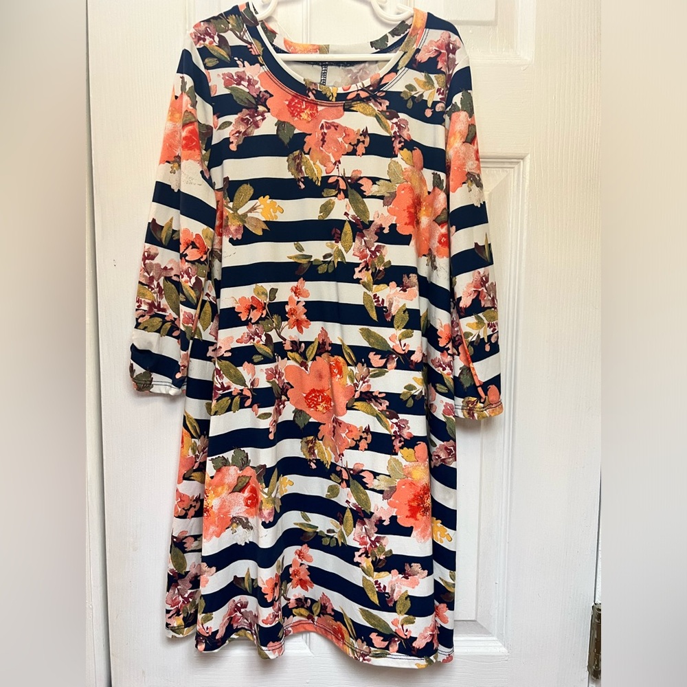 Navy/White Striped Dress with Flowers - Girls Size 8